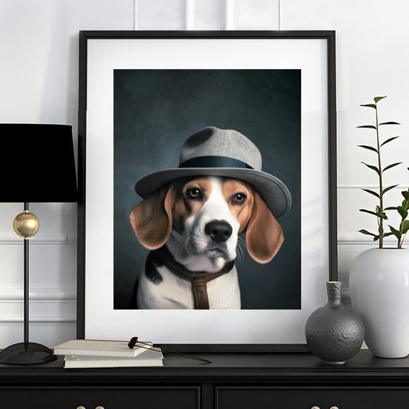 Beagle Detective Funny Dog Portrait Watercolor Oil Painting Wall Art‎ Print - Picture 1 of 6